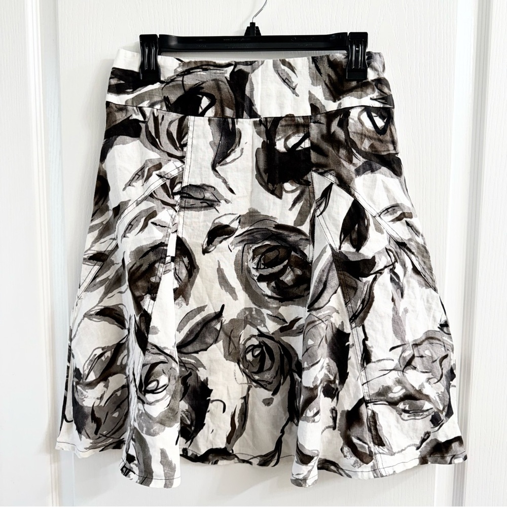 Grace Black-White-Grey Floral A-Line Linen Skirt